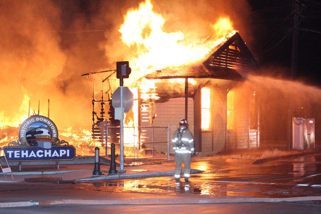 The depot ablaze in the early morning hours of June 13, 2008
