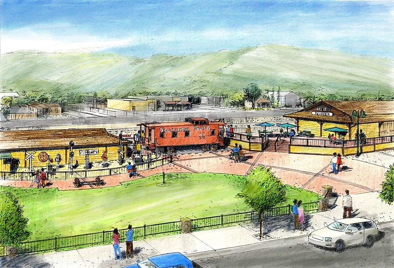 Rendering of the restored caboose between the Tehachapi Depot and the future Annex